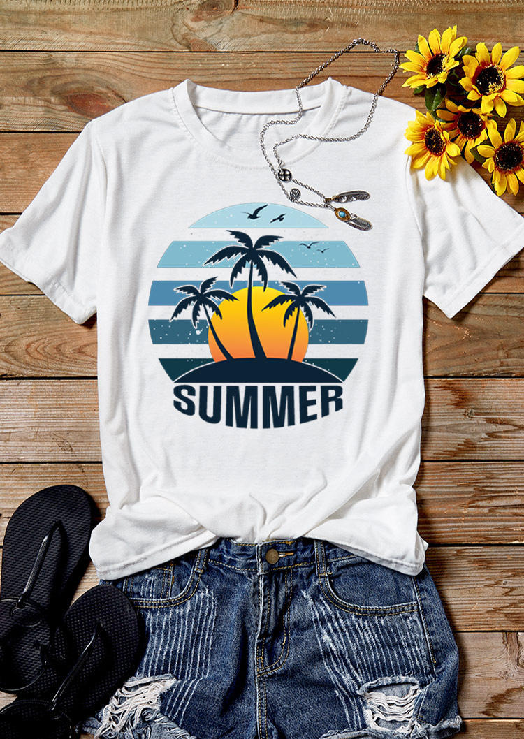 T-shirts Tees Summer Coconut Tree Sunset O-Neck T-Shirt Tee in White. Size: S,M,L,XL