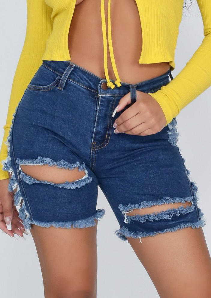 

Shorts Ripped Hole Pocket Frayed Hem Denim Shorts in Deep Blue. Size