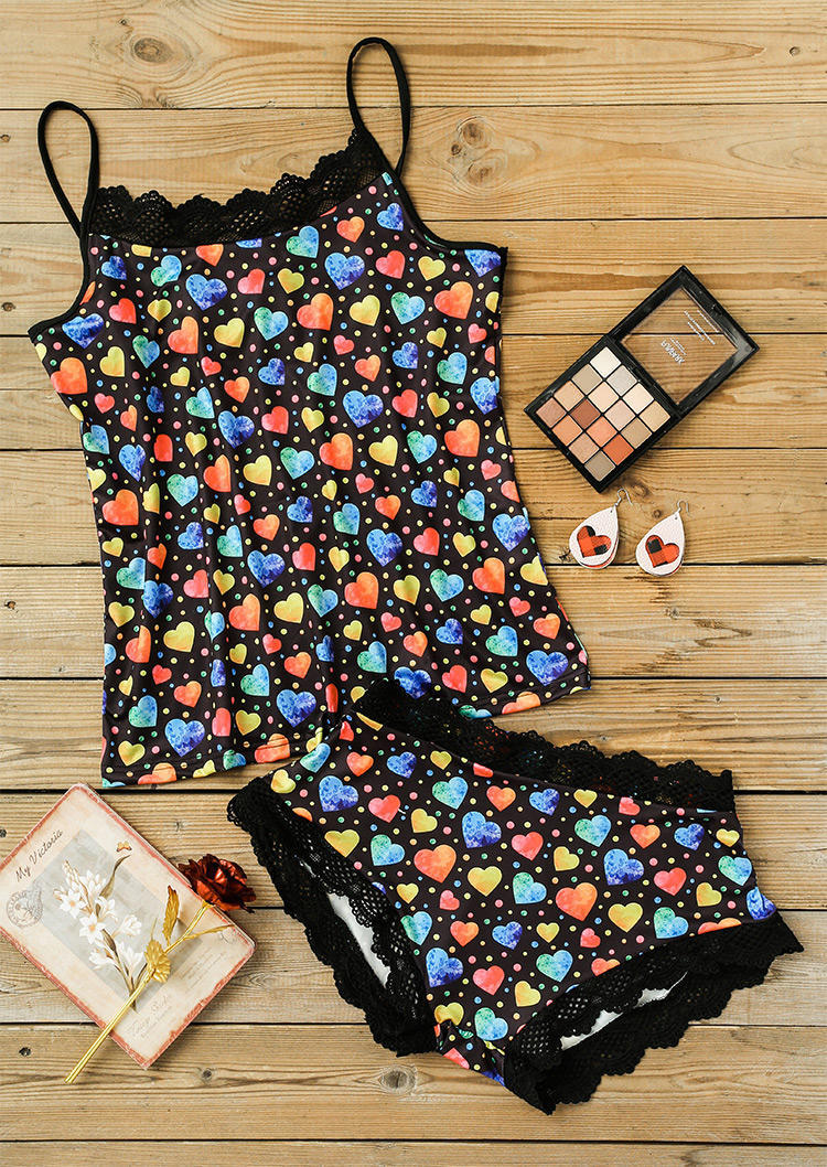 

Sleepwear Colorful Heart Lace Trim Camisole And Shorts Pajamas Set in Multicolor. Size: ,M,L,XL