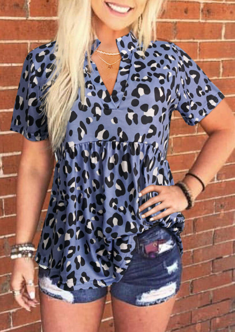 

Blouses Leopard Ruffled Short Sleeve V-Neck Blouse in Leopard. Size