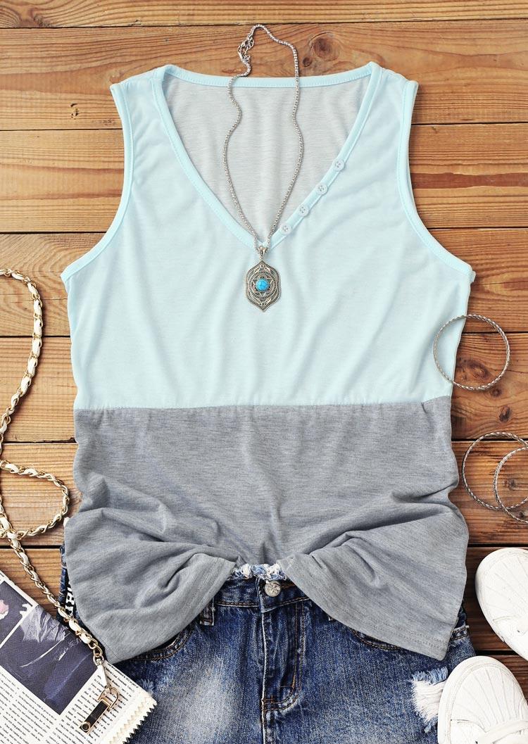 

Tank Tops Color Block Button V-Neck Tank Top in Light Blue. Size