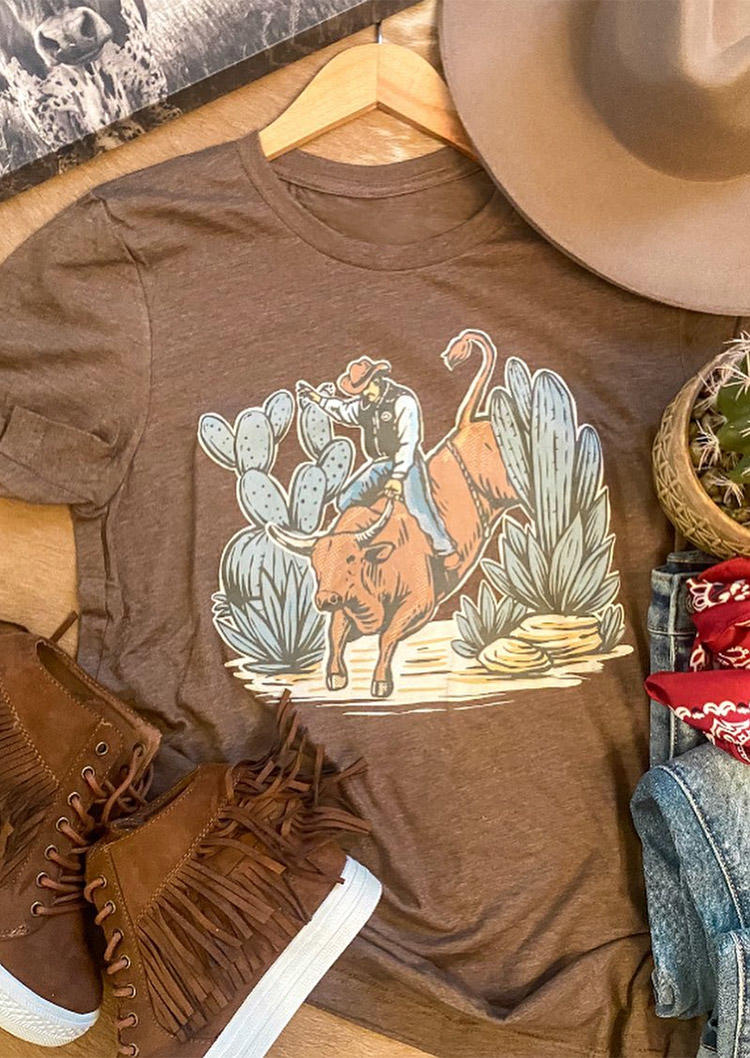 

T-shirts Tees Western Cowboy Cactus T-Shirt Tee in Light Coffee. Size