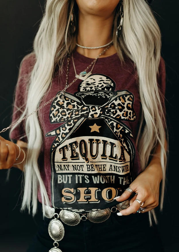 Leopard Star Tequila Worth The Shot T-Shirt Tee - Plum