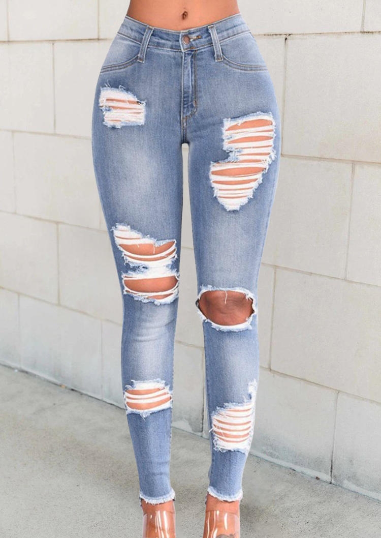

Pants Hollow Out Frayed Hem Distressed Denim Jeans in Blue. Size