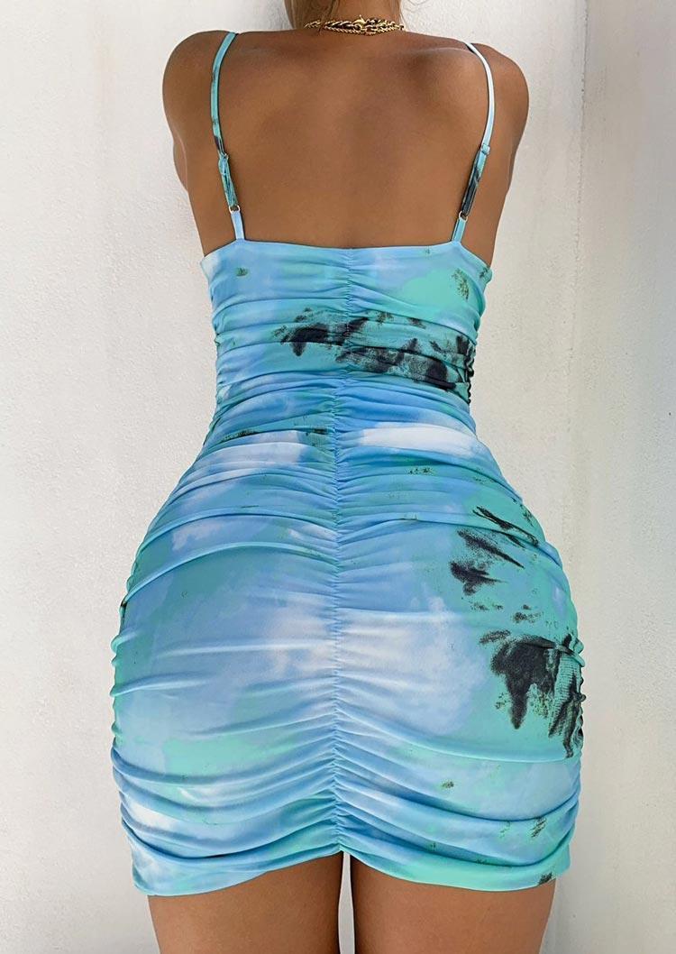 Tie Dye Hollow Out Ruched Adjustable Strap Bodycon Dress
