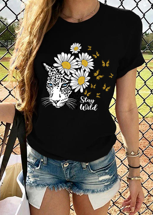 Tiger Daisy Butterfly Stay Wild T-Shirt Tee - Black