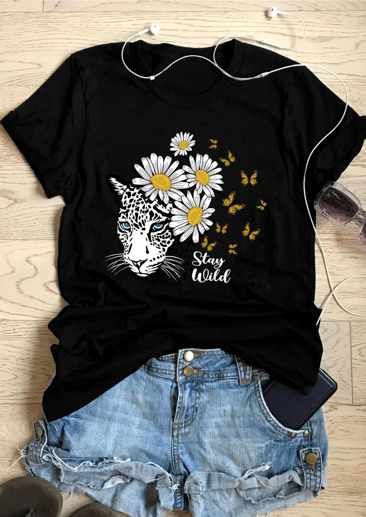 T-shirts Tees Leopard Daisy Butterfly Stay Wild T-Shirt Tee in Black. Size: M,S
