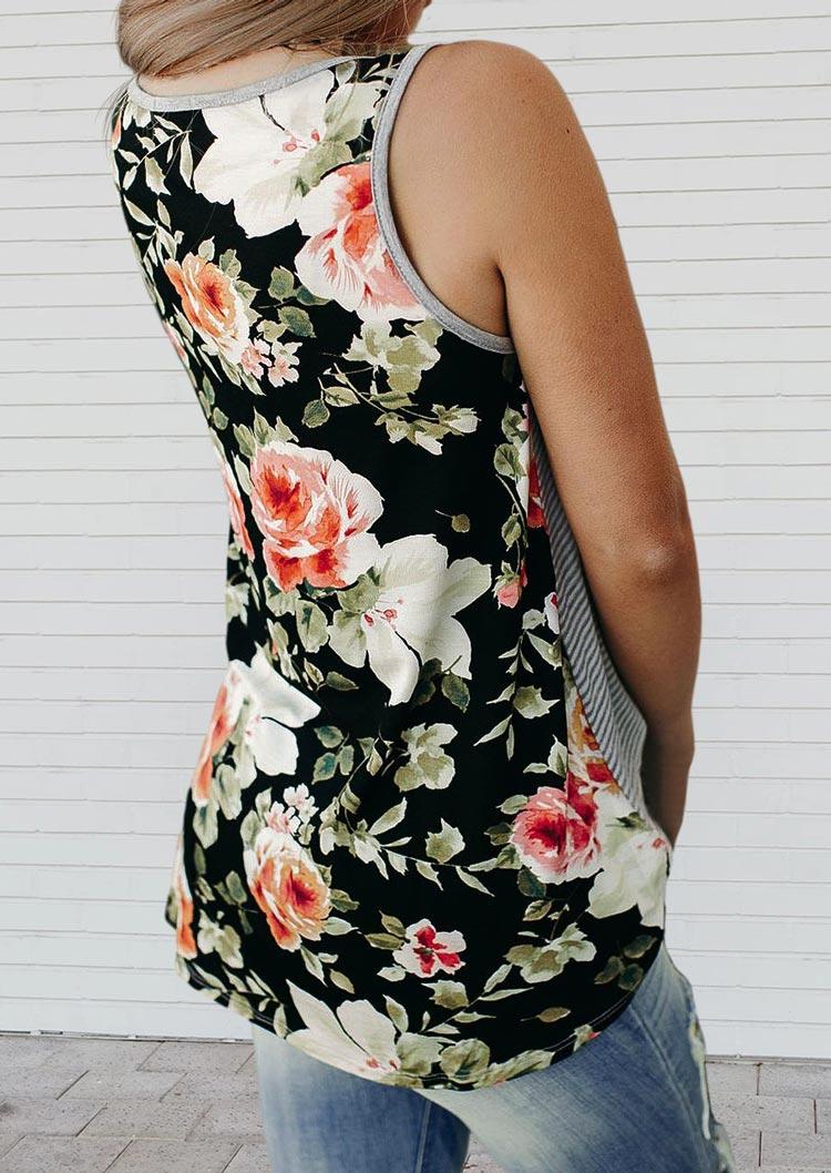 

Tank Tops Floral Striped Pocket Casual Tank Top in Multicolor. Size