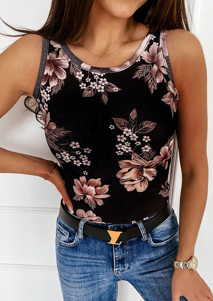 

Tank Tops Floral Sleeveless O-Neck Casual Tank Top in Black. Size
