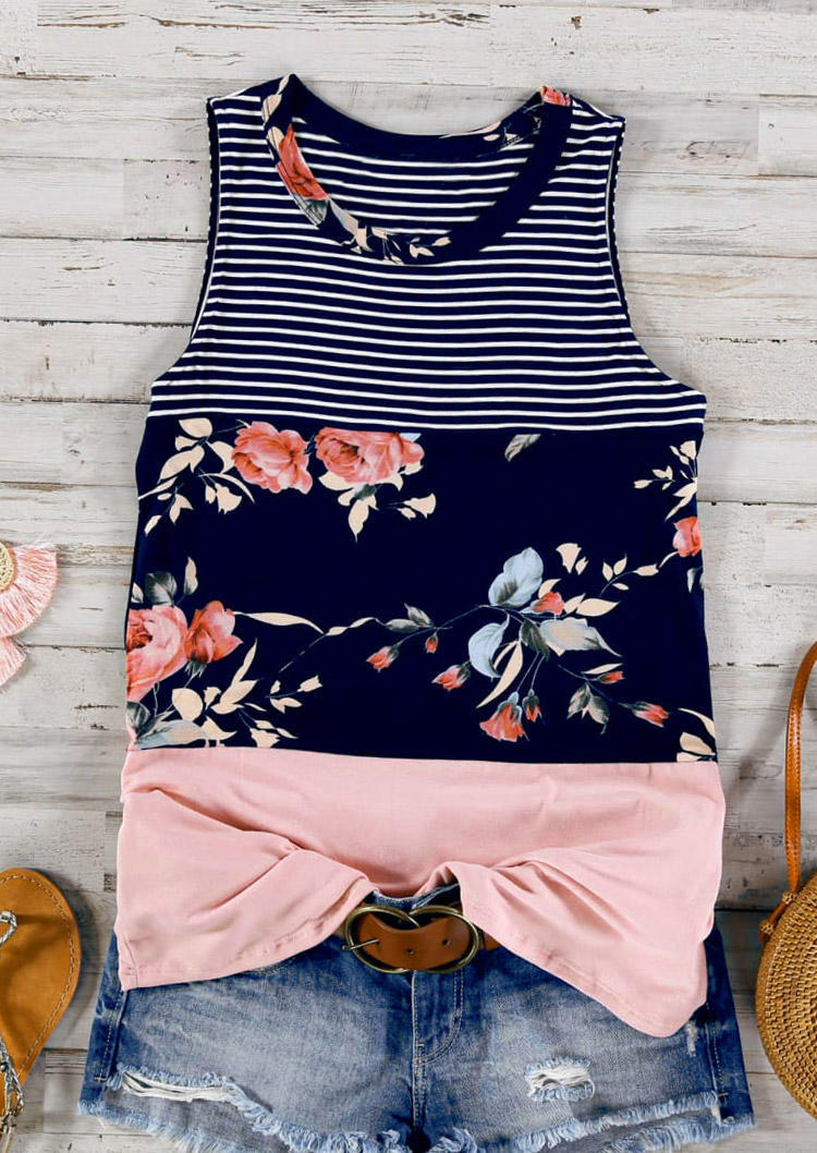 

Tank Tops Floral Striped O-Neck Tank Top in Multicolor. Size