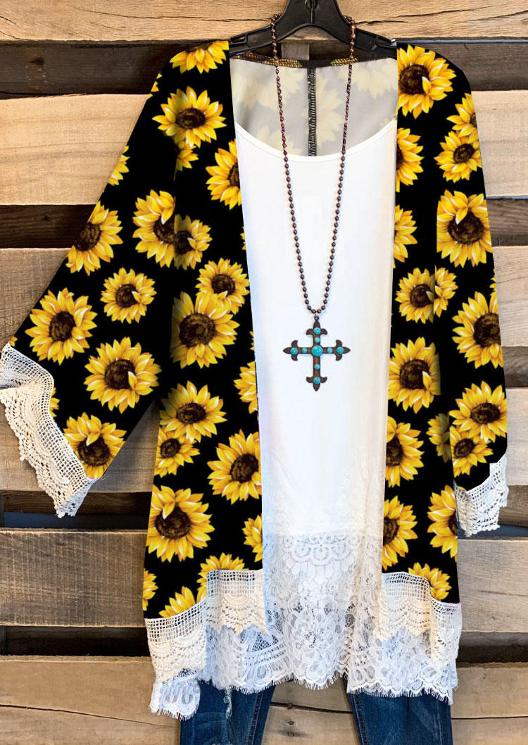 

Cardigans Sunflower Lace Splicing Open Front Cardigan in Yellow. Size: ,M