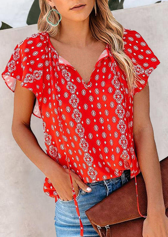 

Blouses Geometric Tie Petal Sleeve Blouse in Red. Size
