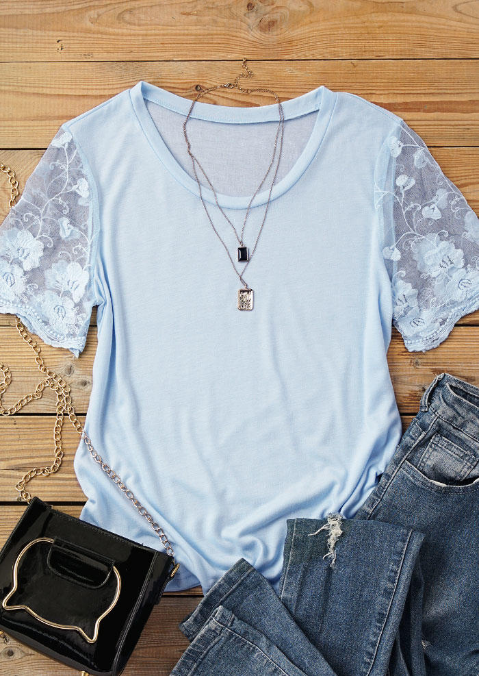 

Blouses Lace Splicing O-Neck Blouse in Light Blue. Size