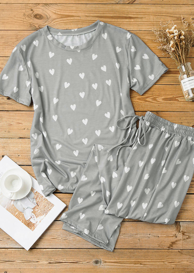 

Sleepwear Heart Blouse And Drawstring Pants Pajamas Set in Gray. Size: ,XL