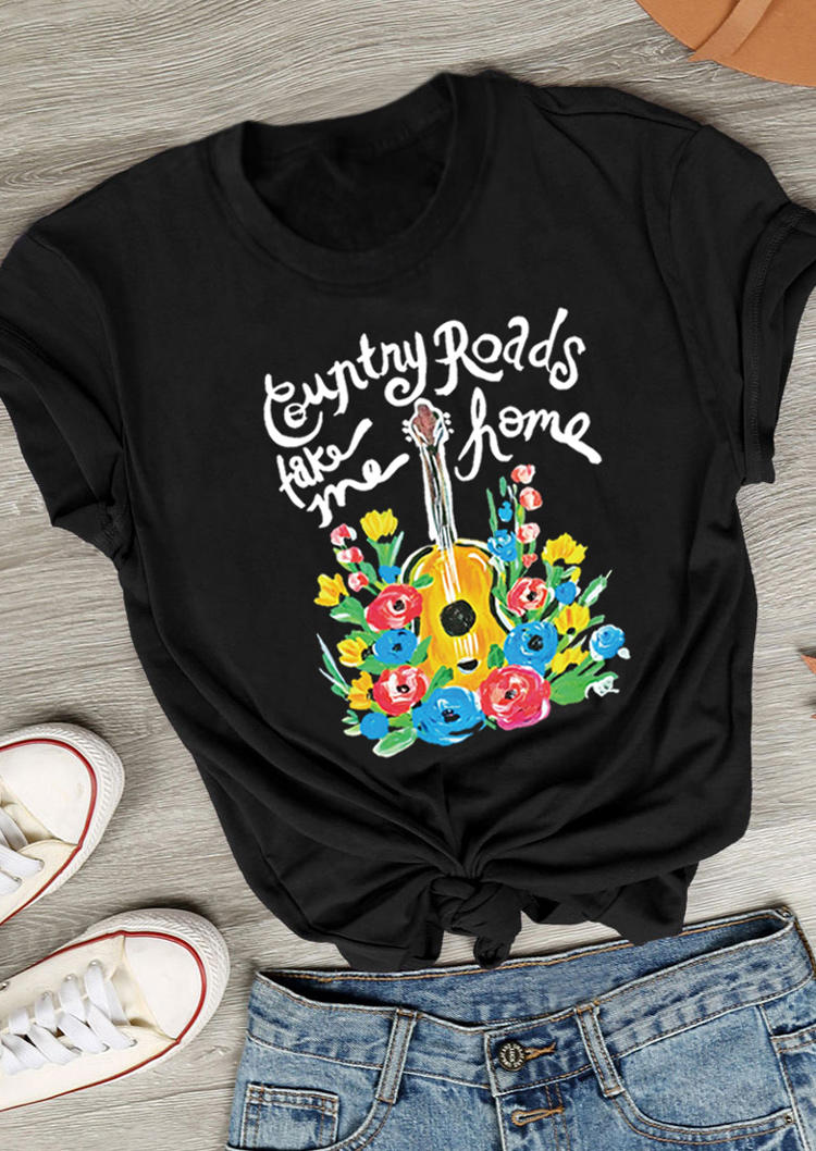 

T-shirts Tees Country Roads Take Me Home Floral Guitar T-Shirt Tee in Black. Size: ,L