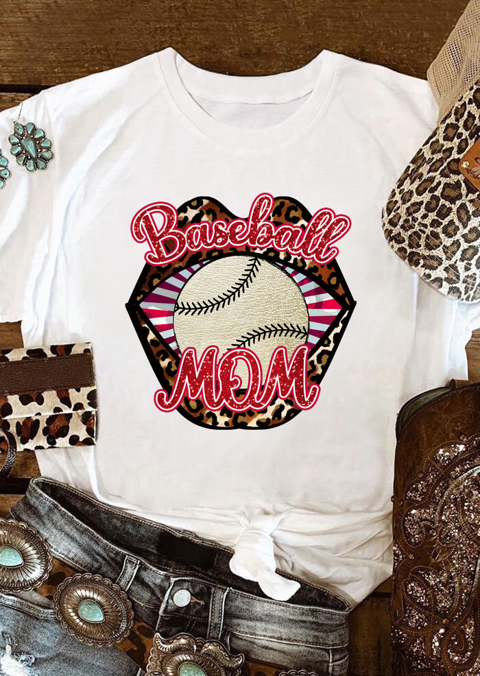 

T-shirts Tees Baseball Mom Leopard Lips O-Neck T-Shirt Tee in White. Size: ,L