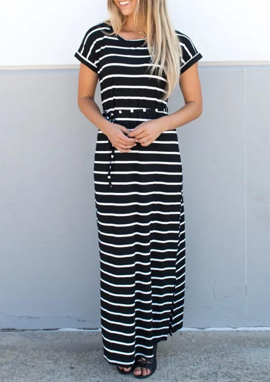 

Striped Drawstring Tie Short Sleeve Maxi Dress, Stripe, 501642