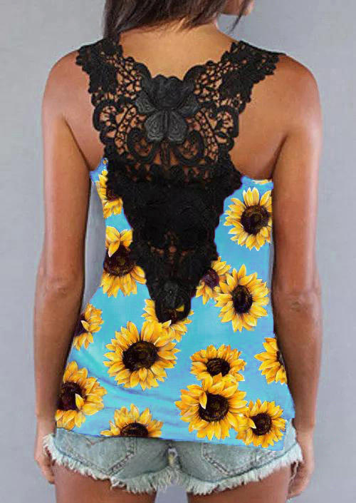 

Tank Tops Sunflower Lace Splicing Racerback Tank Top in Cyan. Size