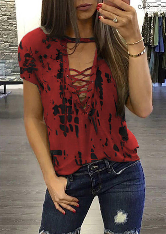 

Blouses Tie Dye Lace Up Keyhole Neck Blouse in Gray. Size