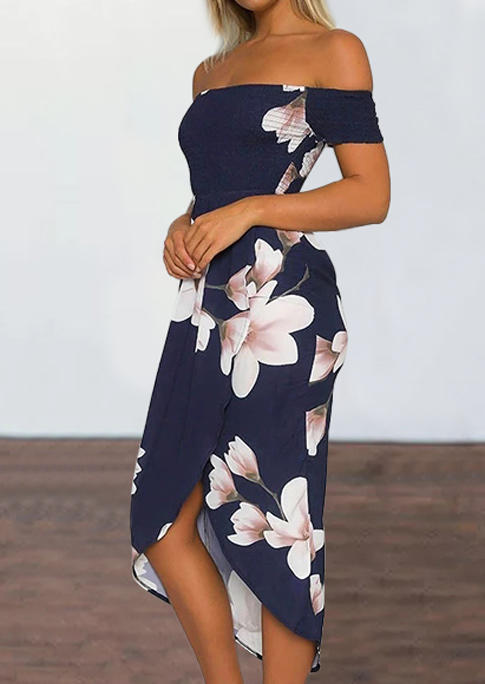 Midi Dresses Floral Strapless Off Shoulder Slit Asymmetric Midi Dress in Navy Blue. Size: S