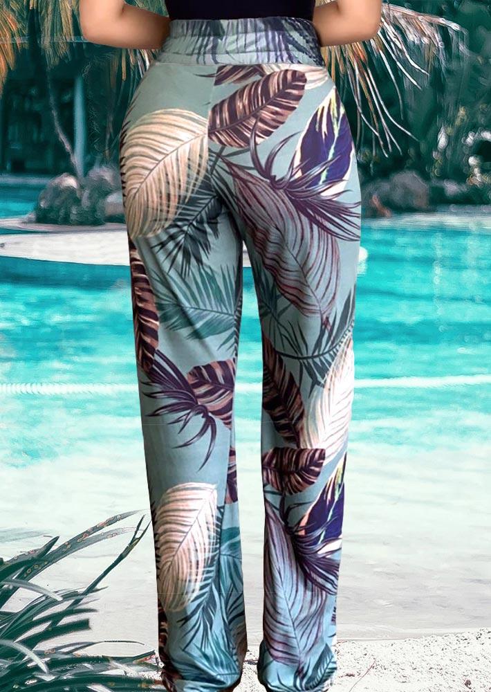Pants Palm Leaf Elastic Waist Wide Leg Pants in Multicolor. Size: L,M,S