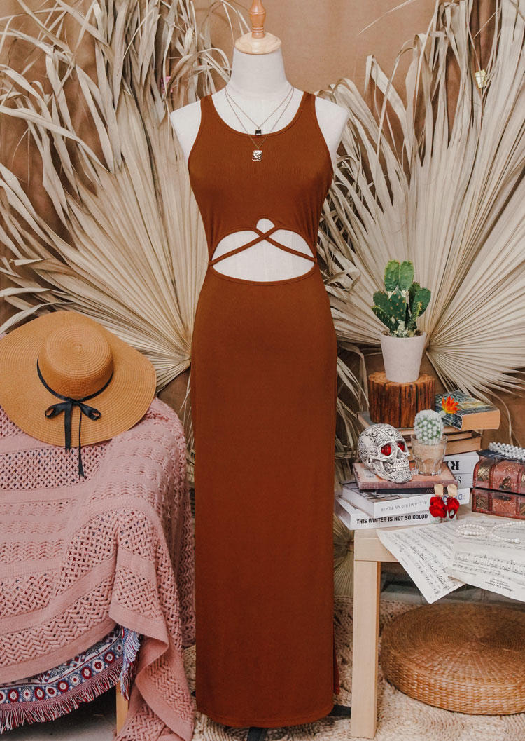 Hollow Out Criss-Cross Slit Bodycon Dress - Brown