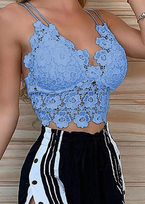 

Crop Tops Lace Hollow Out Spaghetti Strap Crop Top in Sky Blue. Size