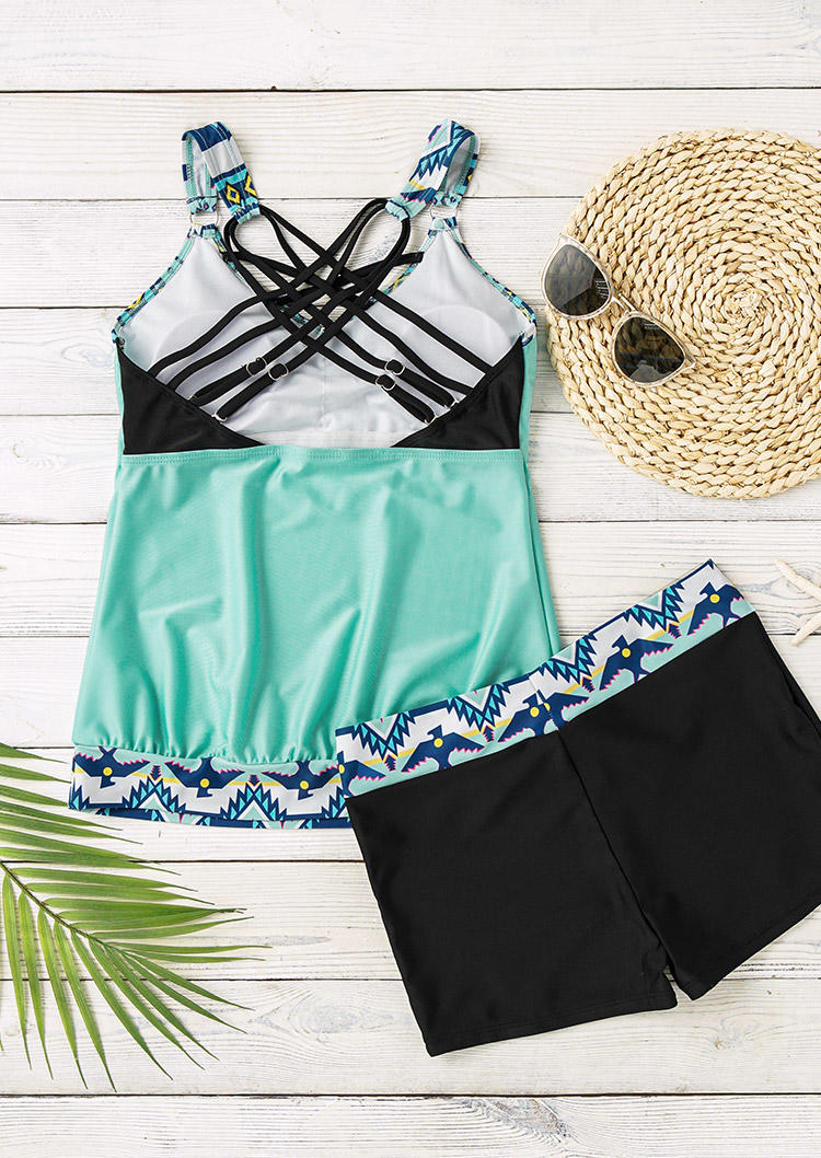 

Tankinis Ethnic Style Criss-Cross Open Back Tankini Set in Cyan. Size