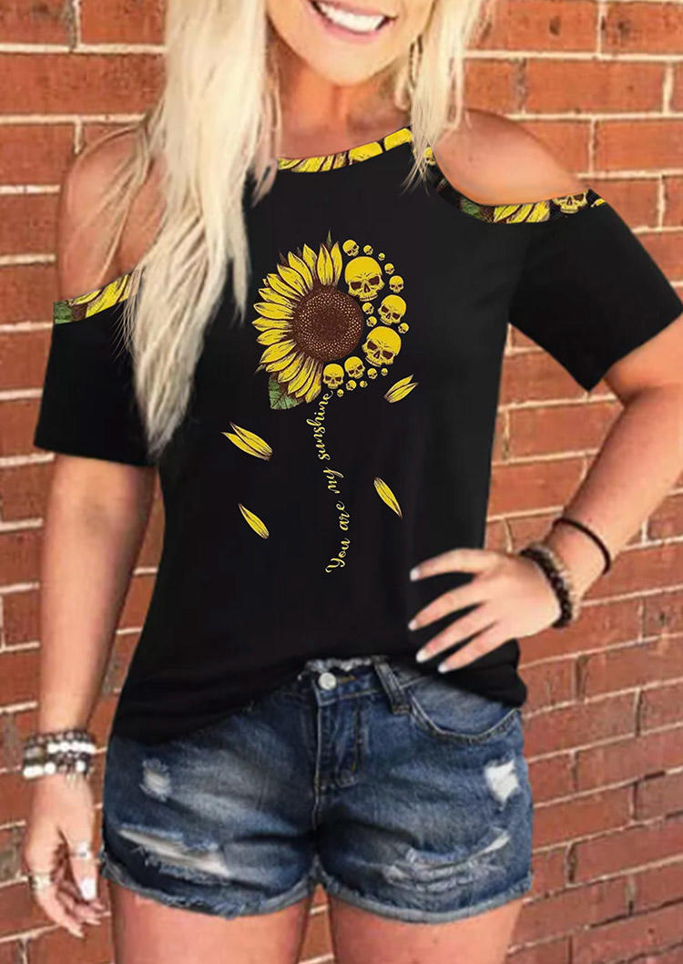 

Blouses Sunflower Skull You Are My Sunshine Cold Shoulder Blouse in Black. Size