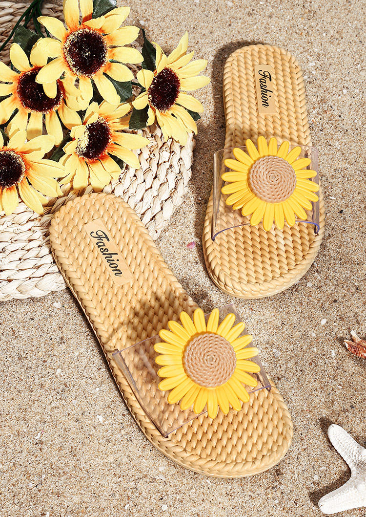 

Slippers Summer Sunflower Slip On Flat Beach Slippers in Yellow. Size