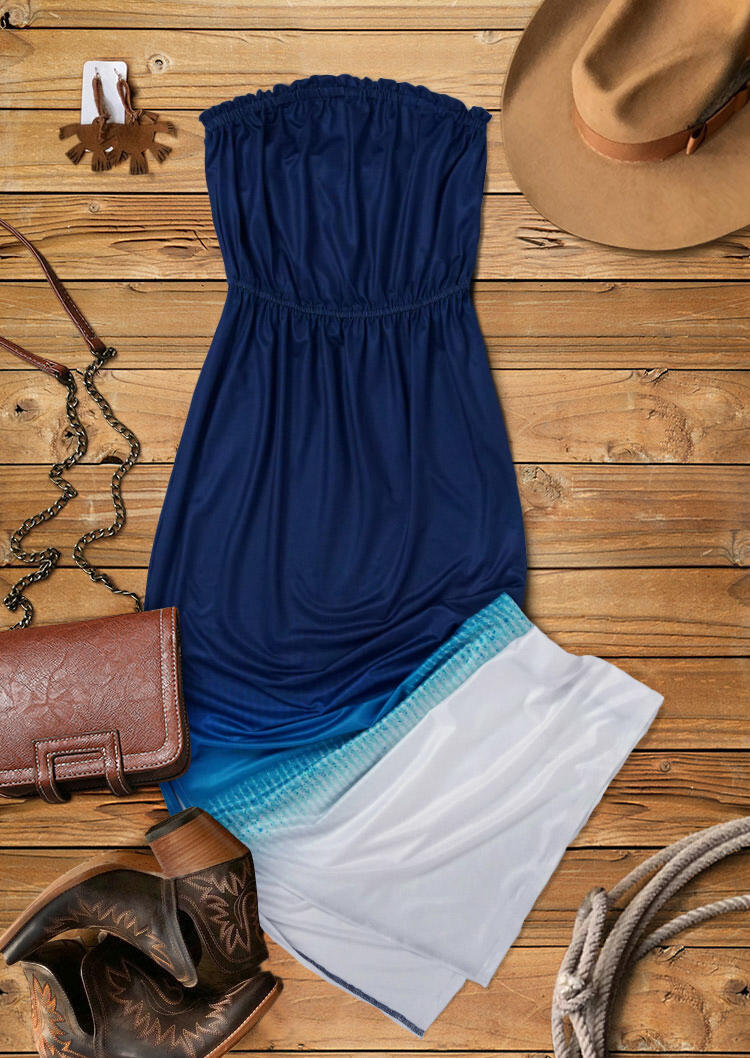 

Maxi Dresses Gradient Ruffled Slit Strapless Maxi Dress in Navy Blue. Size