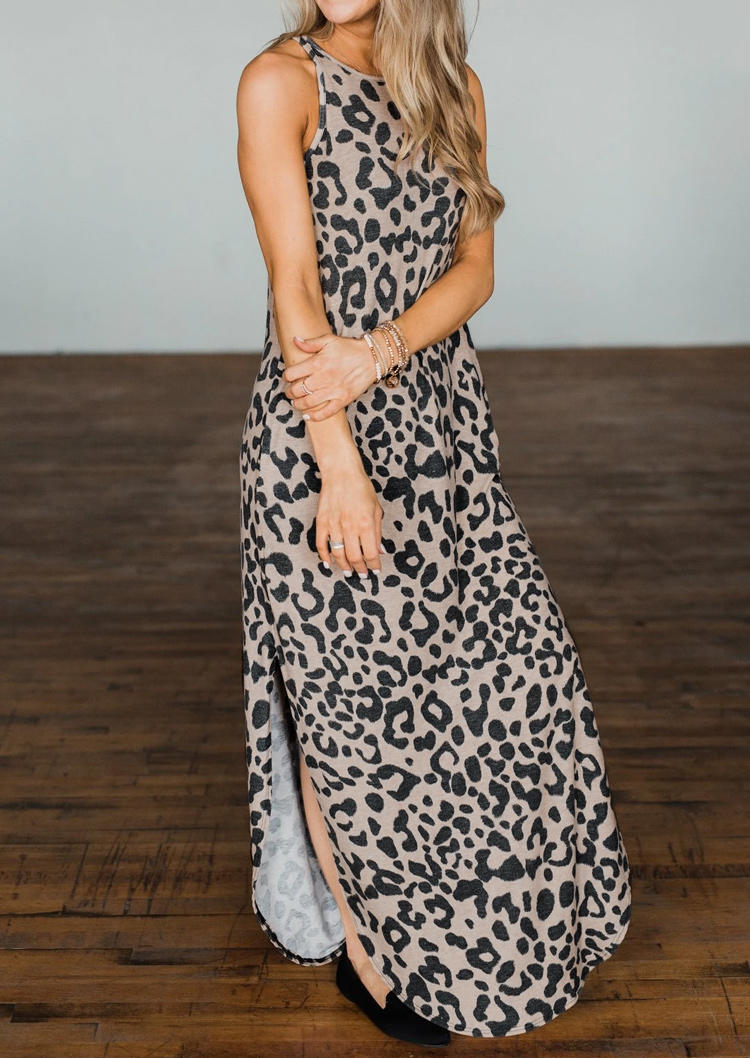 

Maxi Dresses Leopard Slit Sleeveless O-Neck Maxi Dress in Leopard. Size