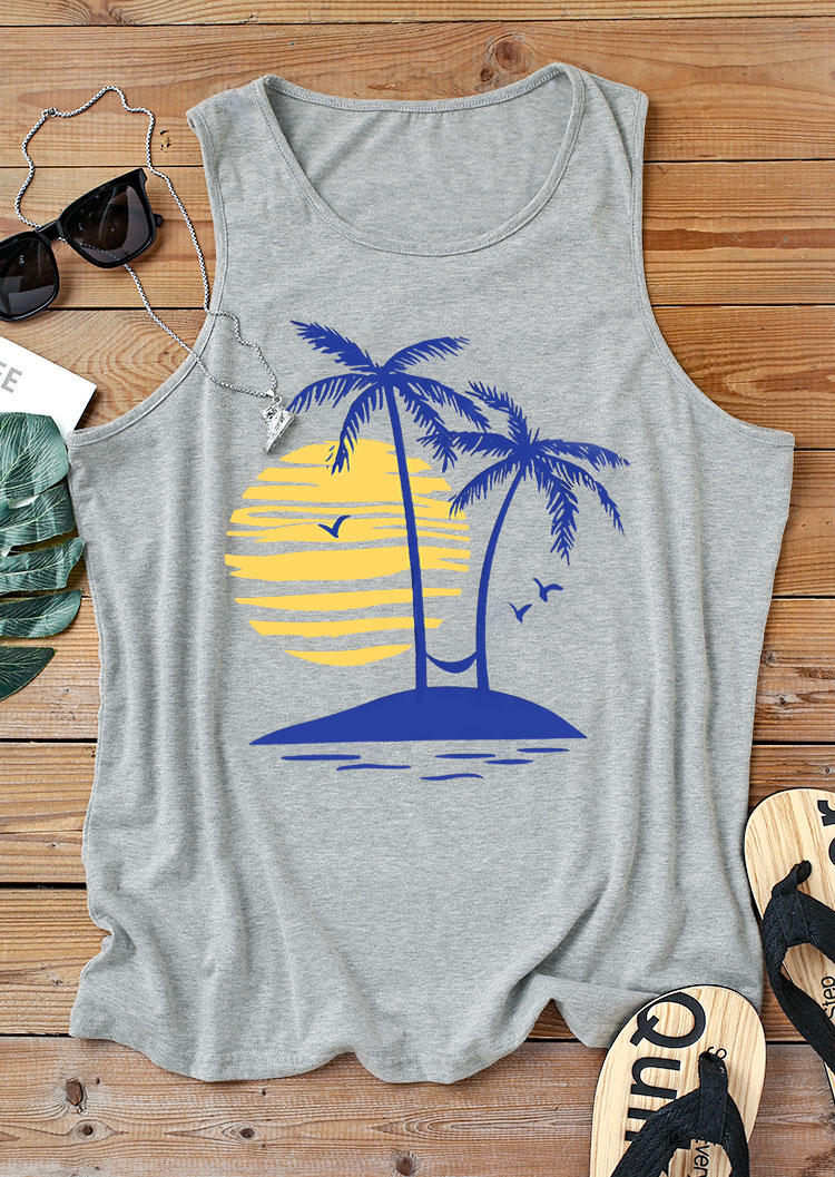 

Tanks Men Coconut Tree Sunset O-Neck Casual Tank in Gray. Size: L