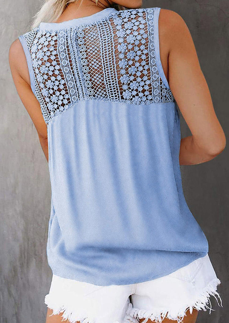 

Tank Tops Lace Splicing Hollow Out Button Tie Tank Top in Lake Blue. Size