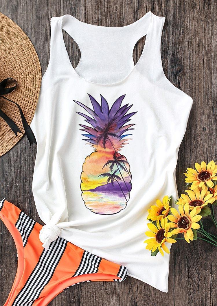 

Tank Tops Beach Pineapple Coconut Tree Racerback Tank Top in White. Size