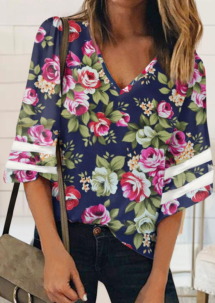 

Blouses Floral Mesh Splicing V-Neck Blouse in Multicolor. Size: ,M