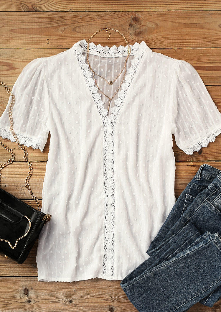 

Blouses Lace Dotted Swiss V-Neck Blouse in White. Size