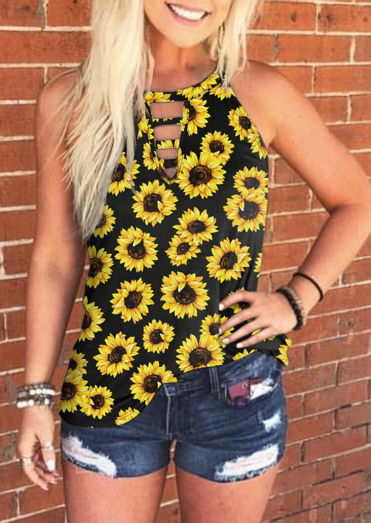 

Tank Tops Sunflower Hollow Out Keyhole Neck Tank Top in Black. Size: ,M,L