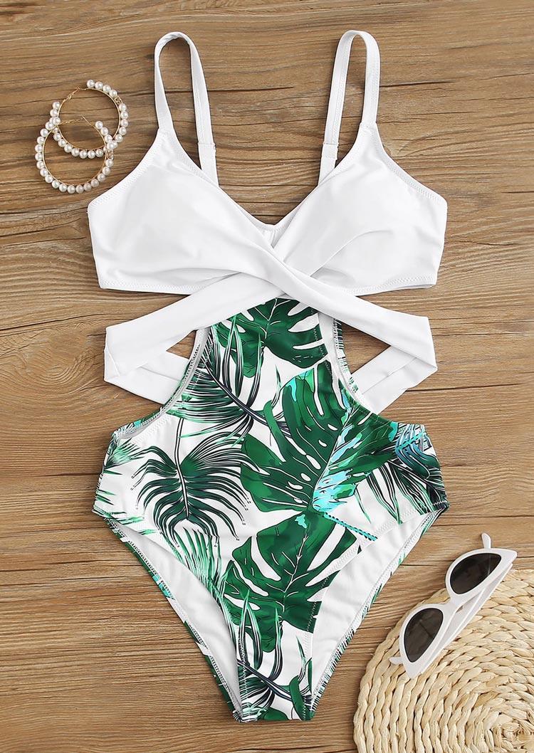 

One-Pieces Swimsuit Palm Leaf Cross Tie One-Piece Bathing Suit Swimwear in White. Size