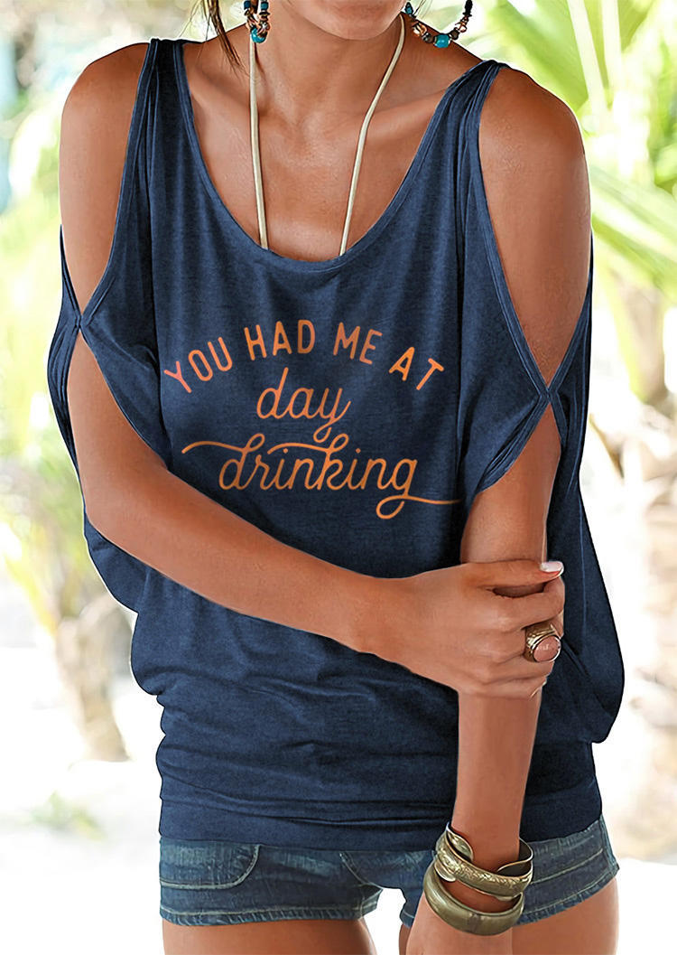 You Had Me At Day Drinking Cold Shoulder Blouse - Navy Blue