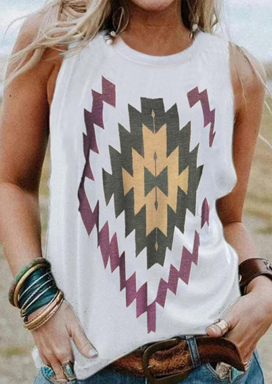 

Tank Tops Vintage Aztec Geometric O-Neck Tank Top in White. Size