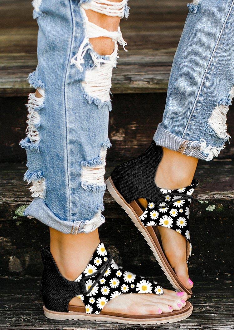 

Sandals Women Summer Daisy Zipper Flat Sandals in Black. Size: ,39,42