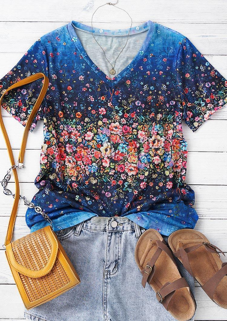

Blouses Floral Oil Painting V-Neck Casual Blouse in Multicolor. Size