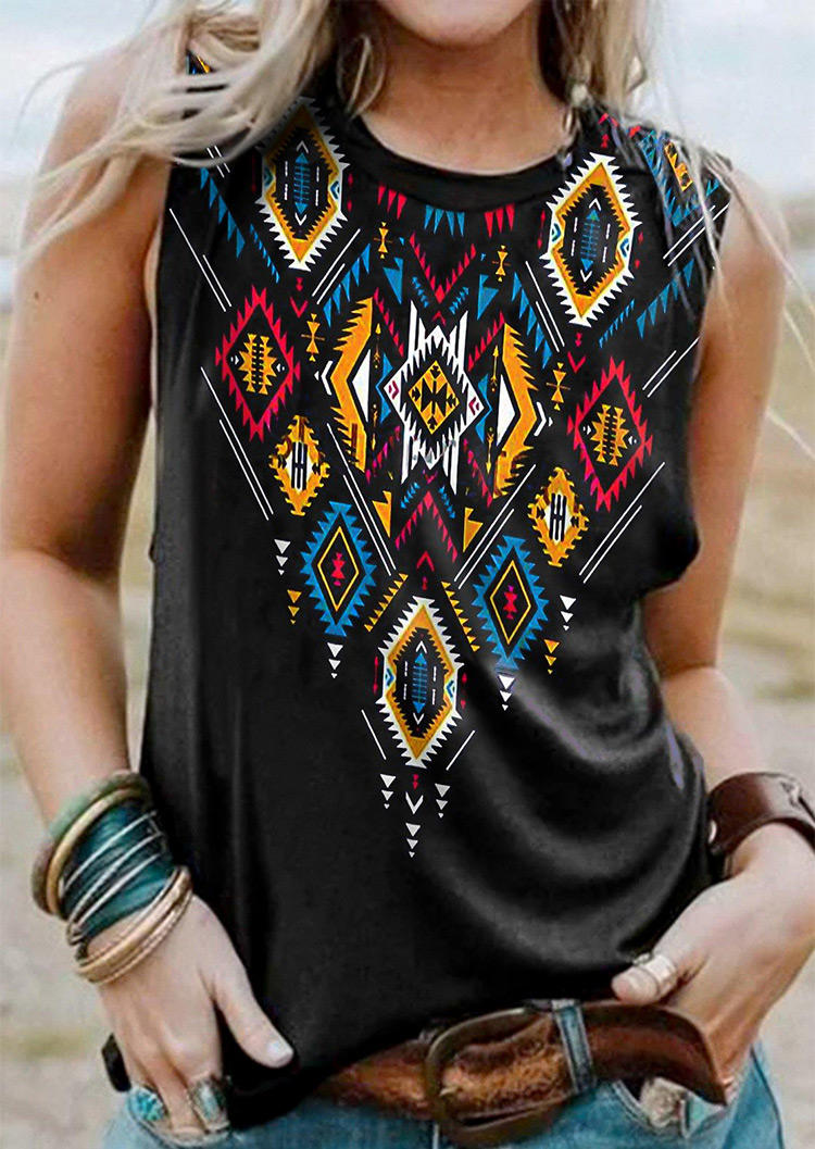 

Tank Tops Aztec Geometric O-Neck Tank Top in Black. Size