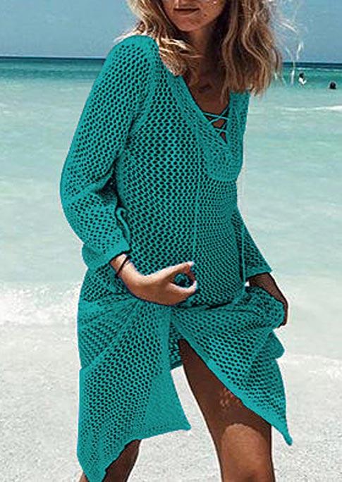 

Cover Ups Cut Out Lace Up Tassel Drawstring Slit Pullover Cover Up in Cyan. Size