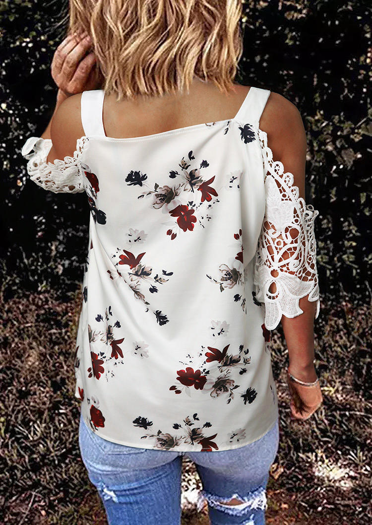 

Blouses Floral Lace Splicing Cold Shoulder V-Neck Blouse in White. Size