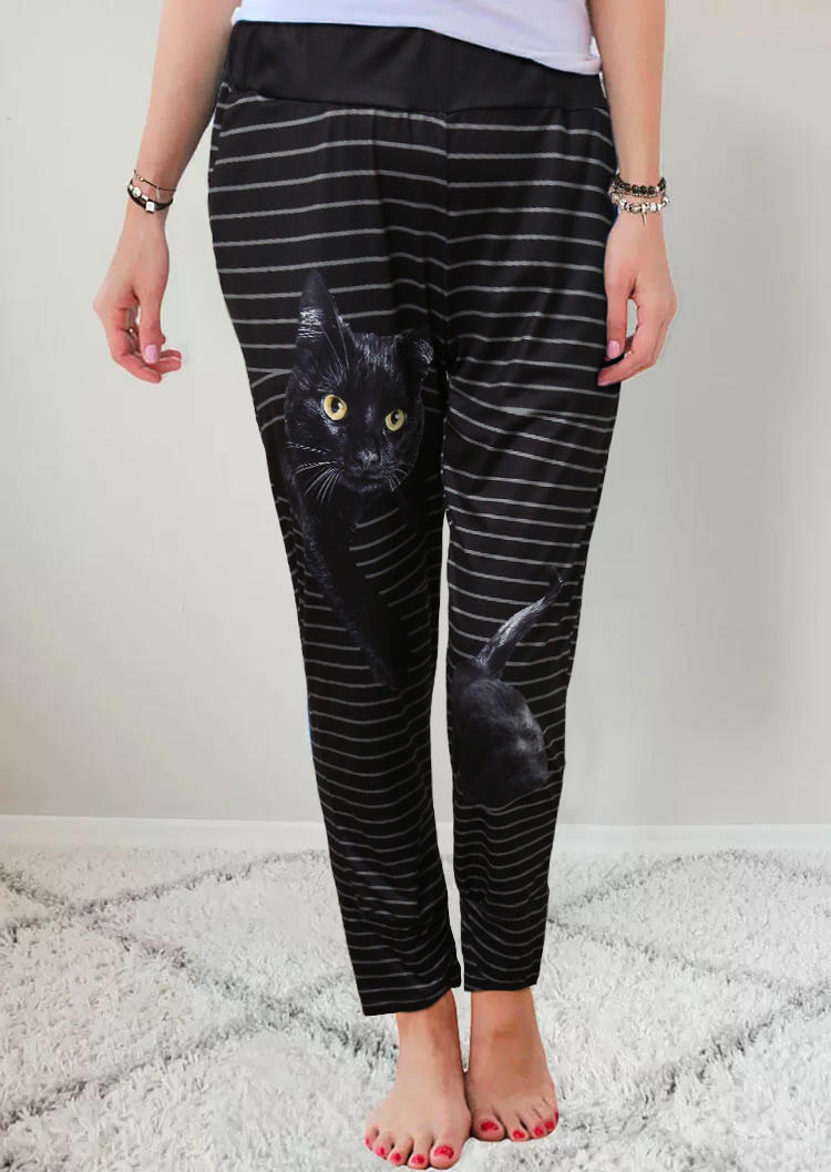 

Pants Striped Cat Elastic Waist Pants in Black. Size: ,M,XL