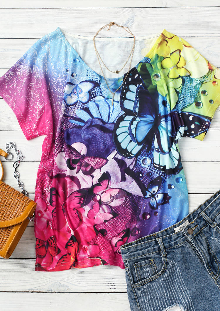 

Blouses Colorful Butterfly Short Sleeve Blouse in Multicolor. Size
