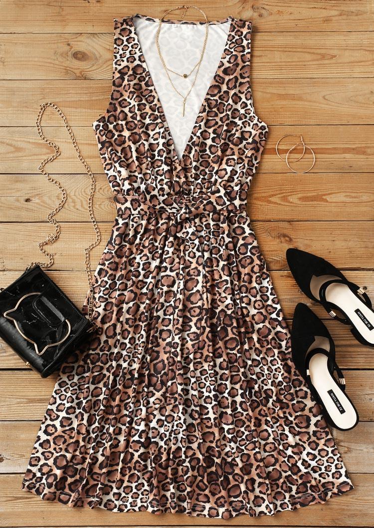Leopard Wrap V-Neck Sleeveless Mini Dress