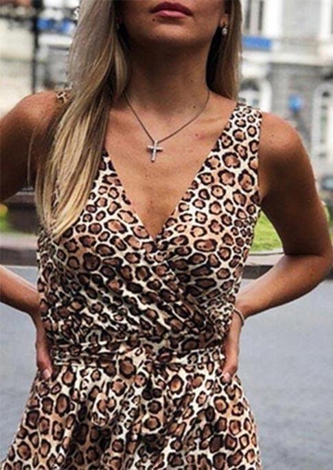 Mini Dresses Leopard Wrap V-Neck Sleeveless Mini Dress in Leopard. Size: S,M